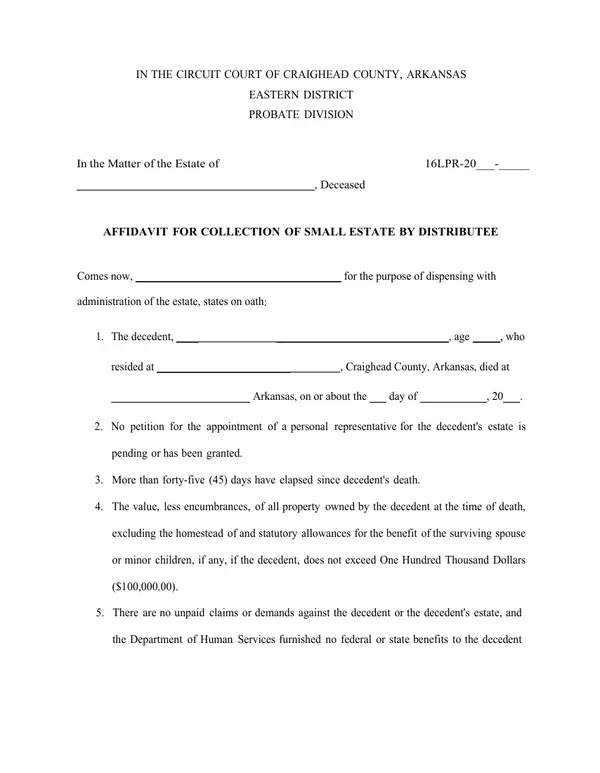 First page of Affidavit for Collection of Small Estate By Distributee