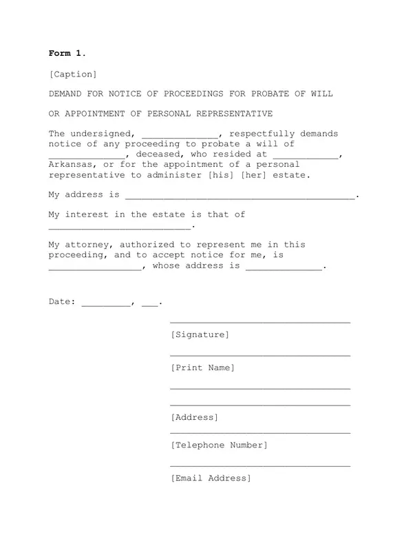 First page of Demand for Notice of Proceedings for Probate of Will or Appointment of Personal Representative