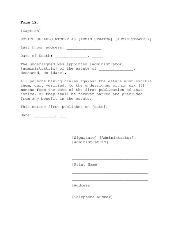 First page of Notice of Appointment As [Administrator] [Administratrix]