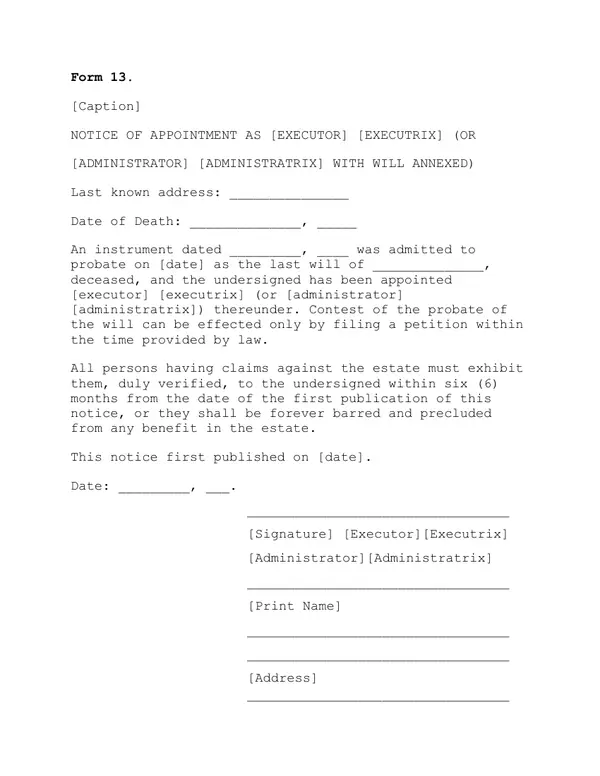 First page of Notice of Appointment as [Executor] [Executrix] (Or [Administrator] [Administratrix] with Will Annexed)
