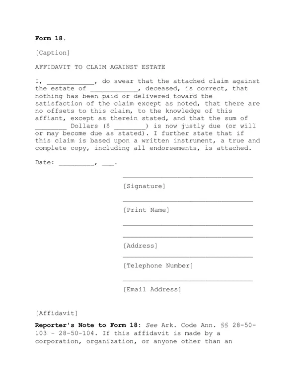First page of Affidavit to Claim Against Estate