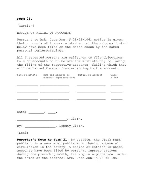 First page of Notice of Filing of Accounts