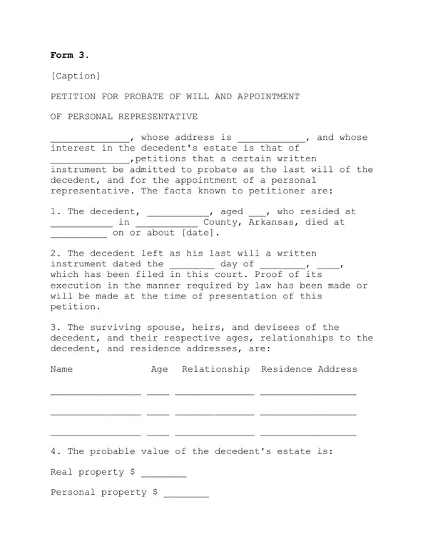 First page of Petition for Probate of Will and Appointment of Personal Representative