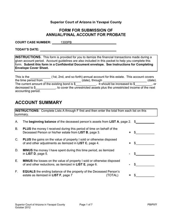 First page of Form for Submission of Annual/Final Account for Probate