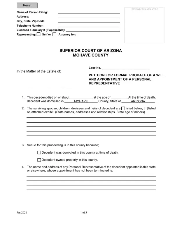 First page of Petition for Formal Probate of a Will and Appointment of a Personal Representative
