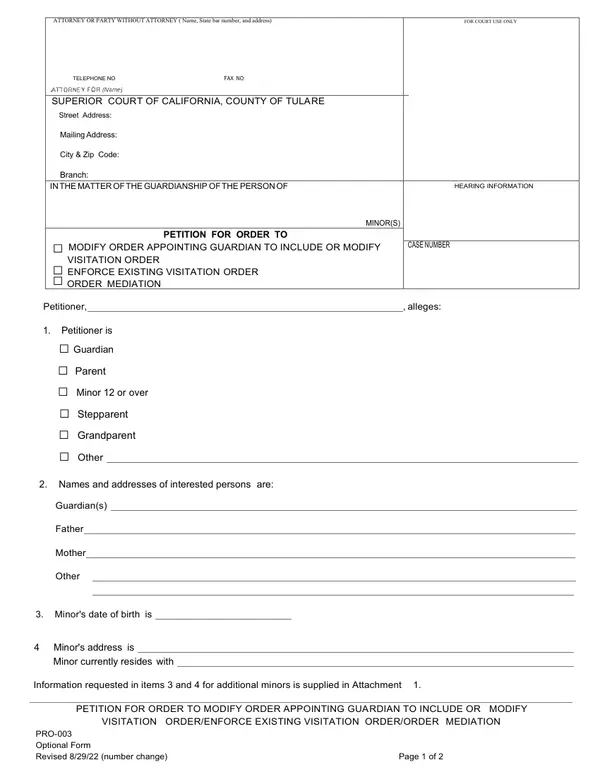 First page of Petition for Order to Modify Order Appointing Guardian to Include or Modify Visitation Order/Enforce Existing Visitation Order/Order Mediation