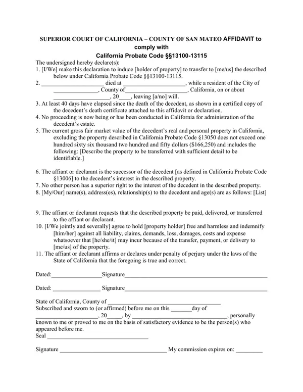 First page of Affidavit to comply with California Probate Code §§13100-13115