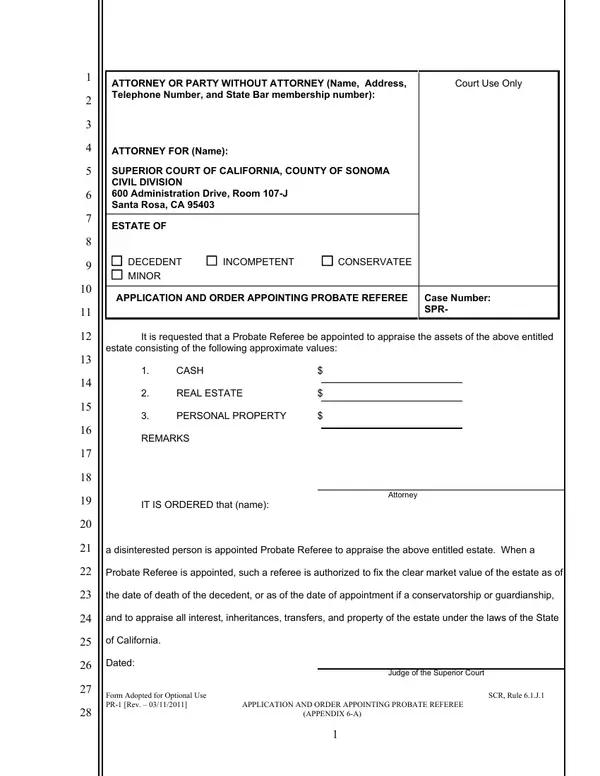 First page of Application and Order Appointing Probate Referee
