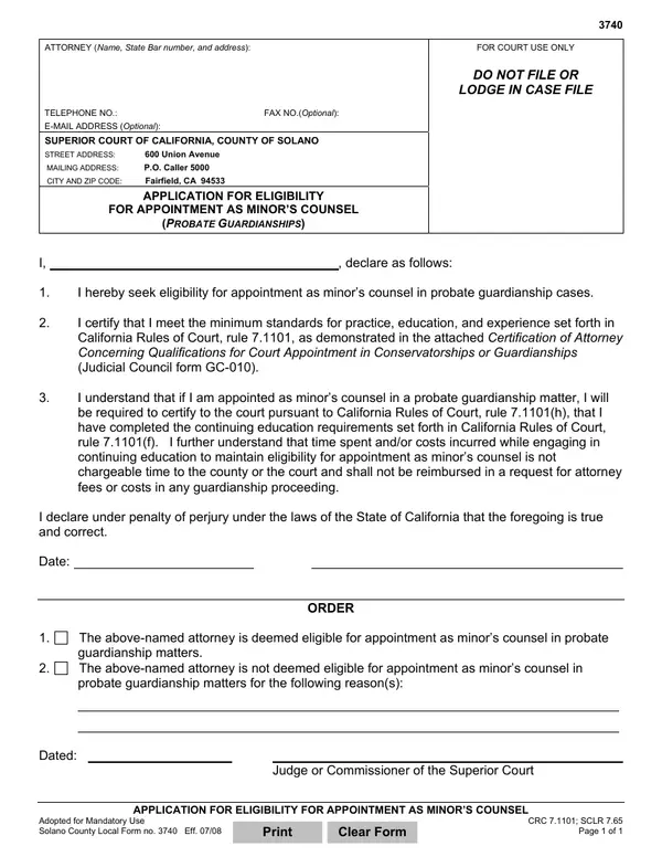First page of Application for Eligibility for Appointment as Minor's Counsel (Probate Guardianships)