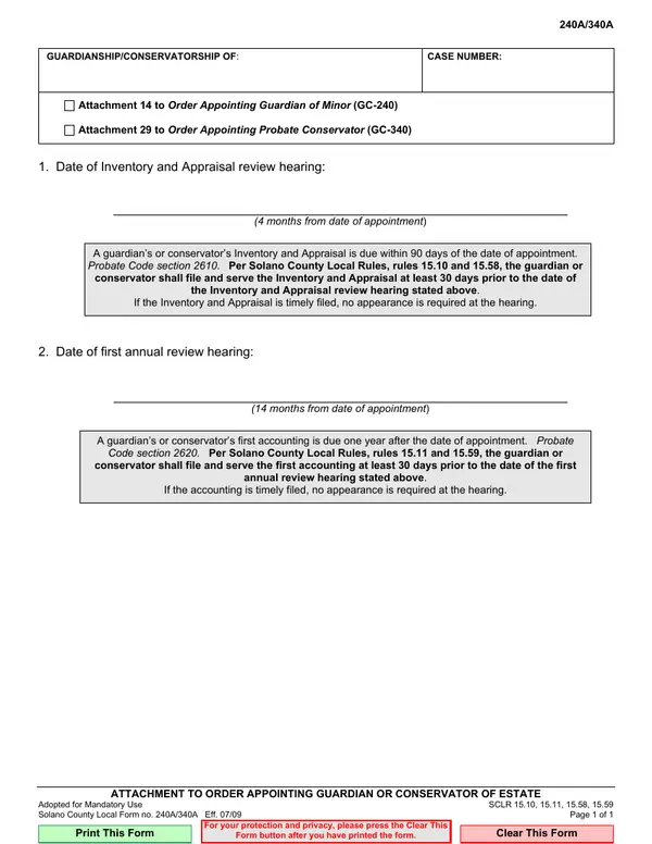 First page of Attachment to Order Appointing Guardian or Conservator of Estate