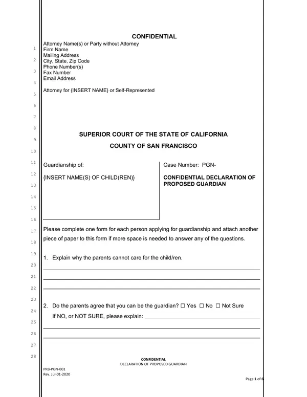 First page of Confidential Declaration of Proposed Guardian