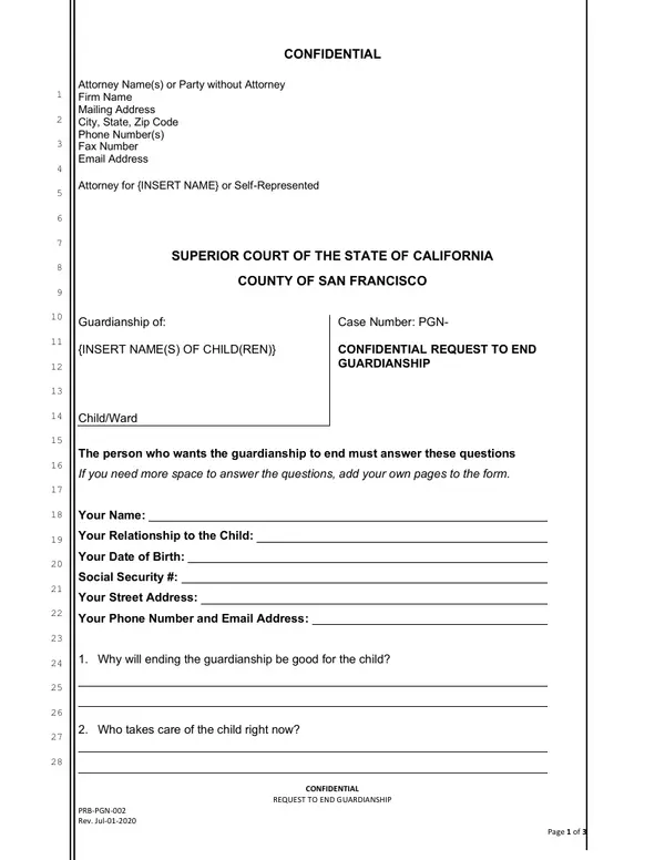 First page of Confidential Request to End Guardianship