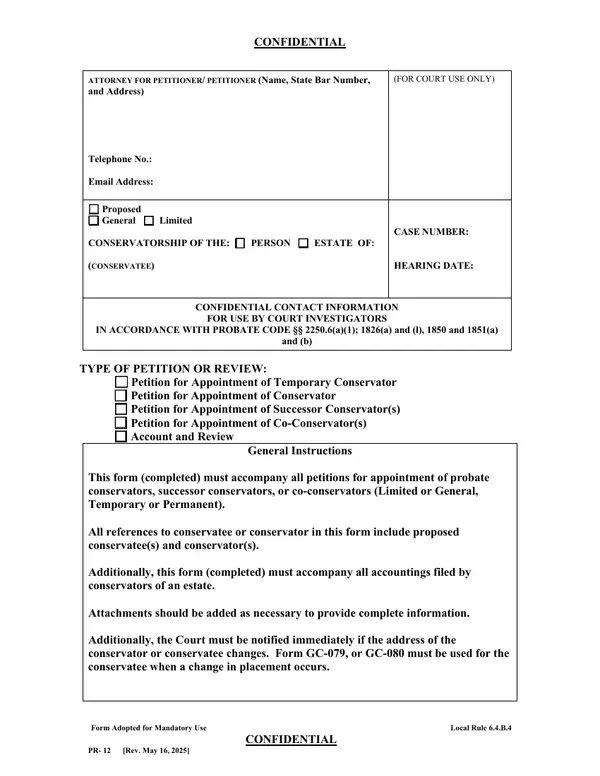 First page of Confidential Contact Information for Use By Court Investigators