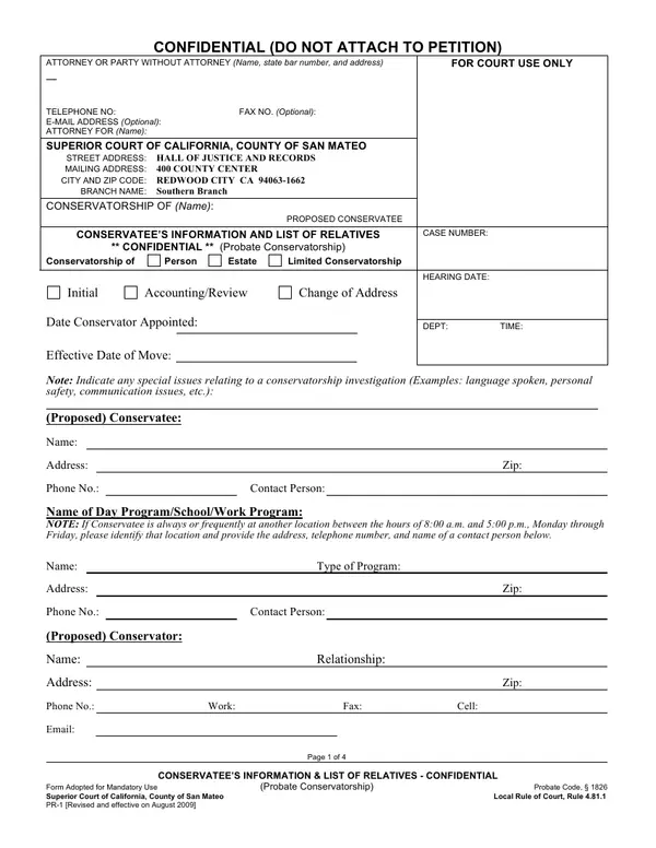 First page of Conservatee's Information and List of Relatives