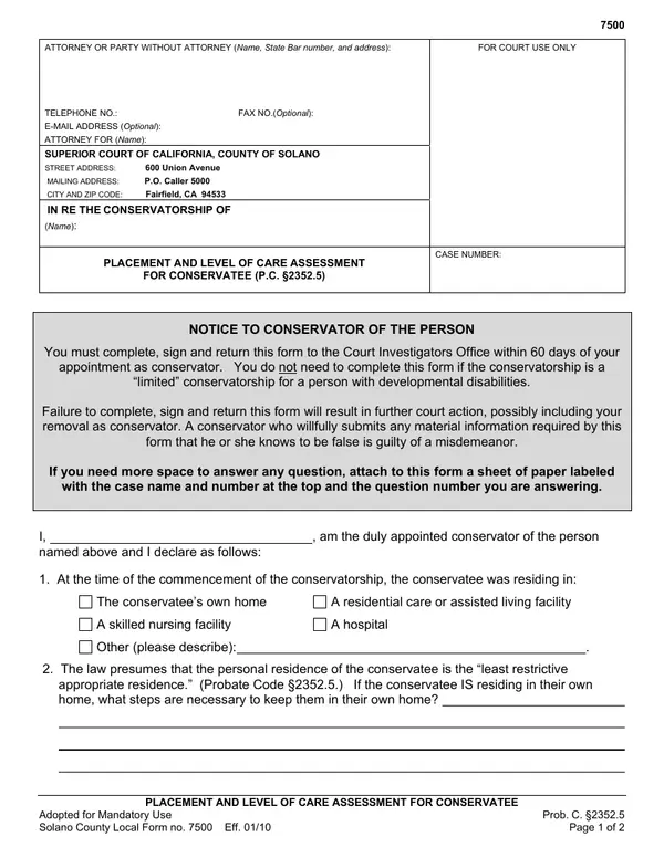 First page of Placement and Level of Care Assessment for Conservatee