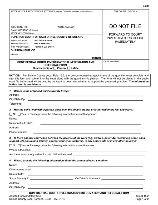 First page of Confidential Court Investigator's Information and Referral Form