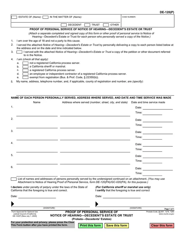 First page of Proof of Personal Service of Notice of Hearing—Decedent's Estate or Trust