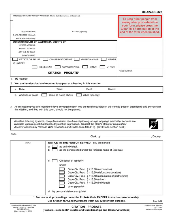 First page of CITATION—PROBATE (Probate—Decedents' Estates and Guardianships and Conservatorships)