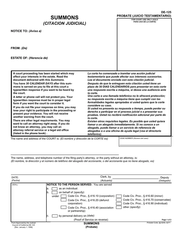 First page of SUMMONS (Probate) / PROOF OF SERVICE (Summons—Probate)