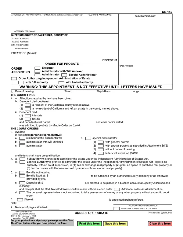First page of Order for Probate
