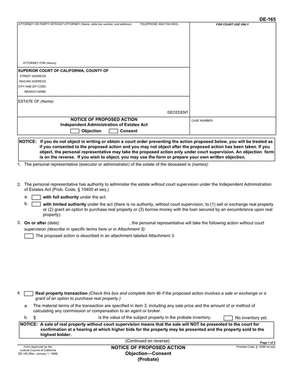 First page of NOTICE OF PROPOSED ACTION Objection—Consent (Probate)