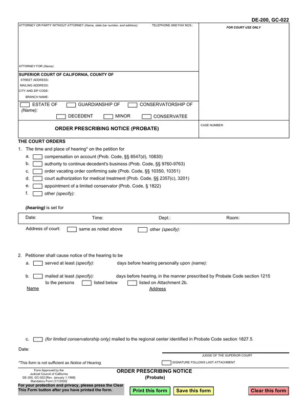 First page of ORDER PRESCRIBING NOTICE (Probate)