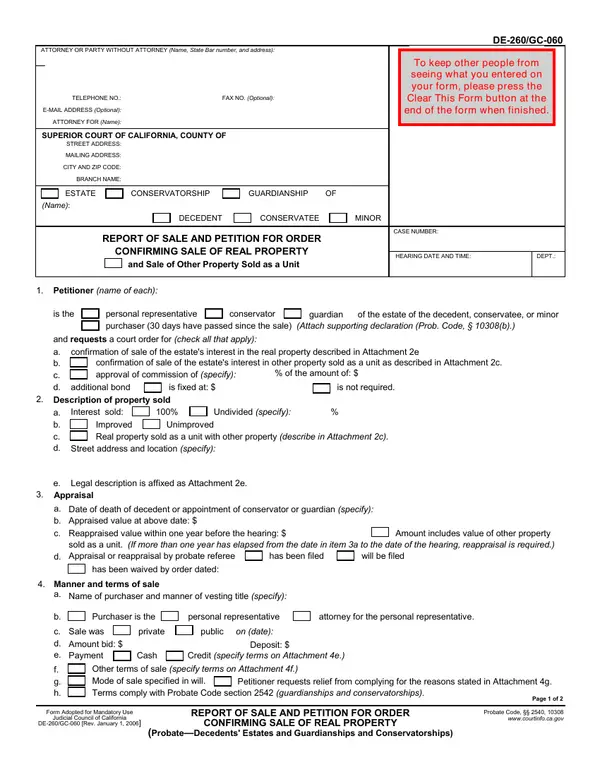 First page of Report of Sale and Petition for Order Confirming Sale of Real Property