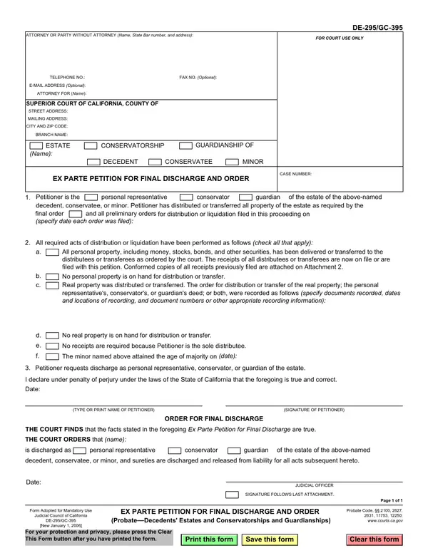 First page of Ex Parte Petition for Final Discharge and Order