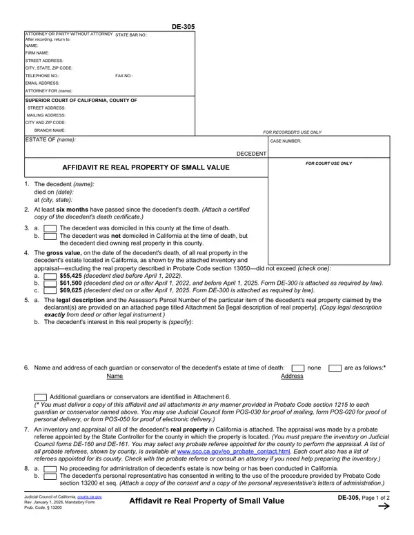 First page of Affidavit re Real Property of Small Value