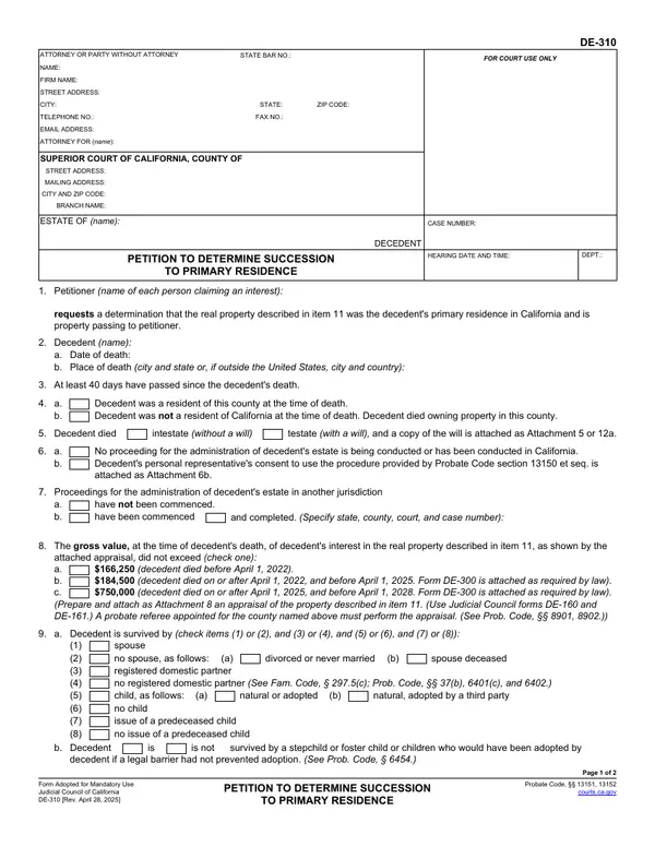 First page of Petition to Determine Succession to Primary Residence