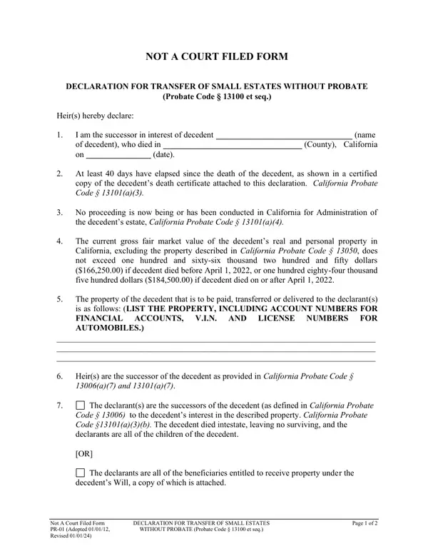 First page of Declaration for Transfer of Small Estates Without Probate