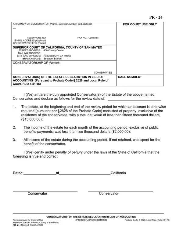 First page of Conservator(s) of the Estate Declaration in Lieu of Accounting