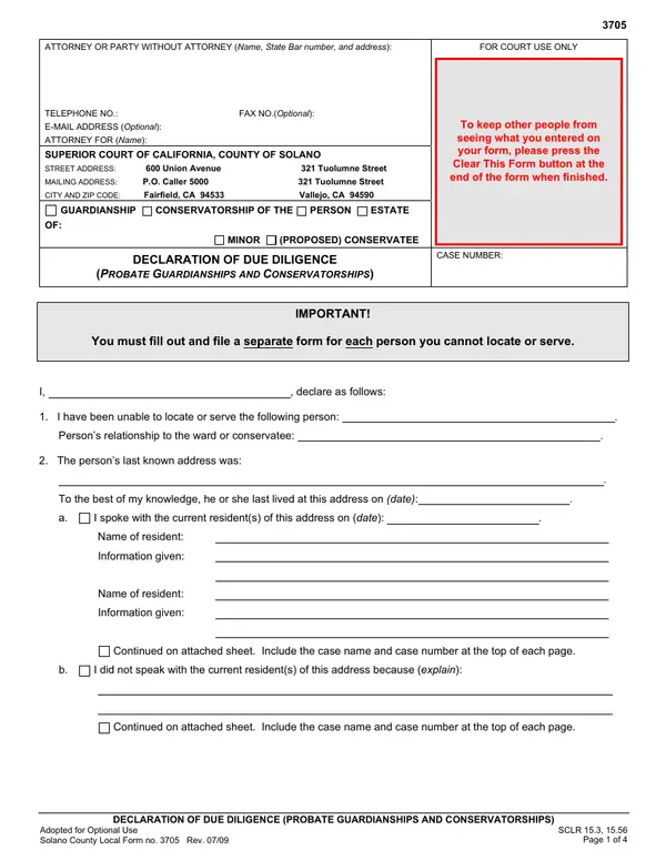 First page of Declaration of Due Diligence (Probate Guardianships and Conservatorships)