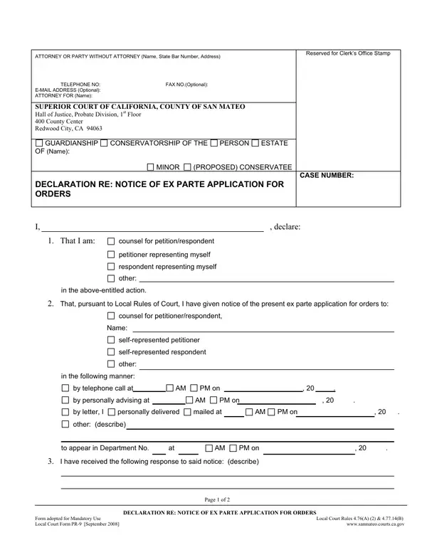 First page of Declaration Re: Notice of Ex Parte Application for Orders
