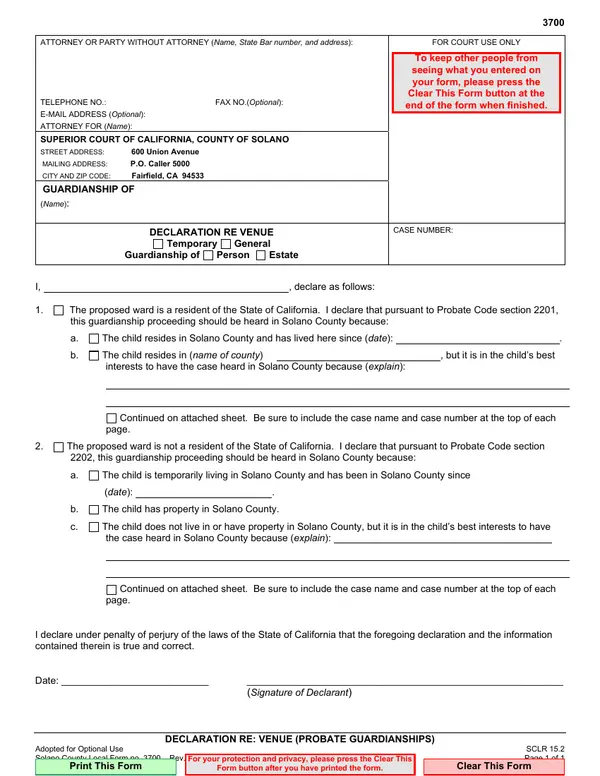 First page of Declaration Re: Venue (Probate Guardianships)