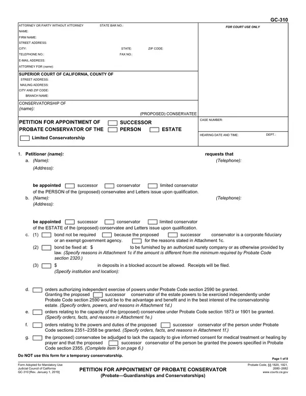 First page of Petition for Appointment of Probate Conservator (Probate—Guardianships and Conservatorships)