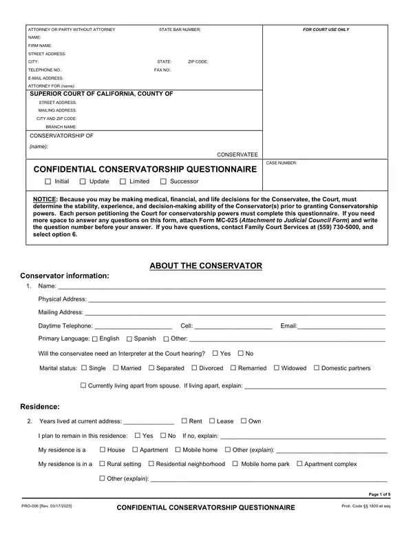 First page of Confidential Conservatorship Questionnaire