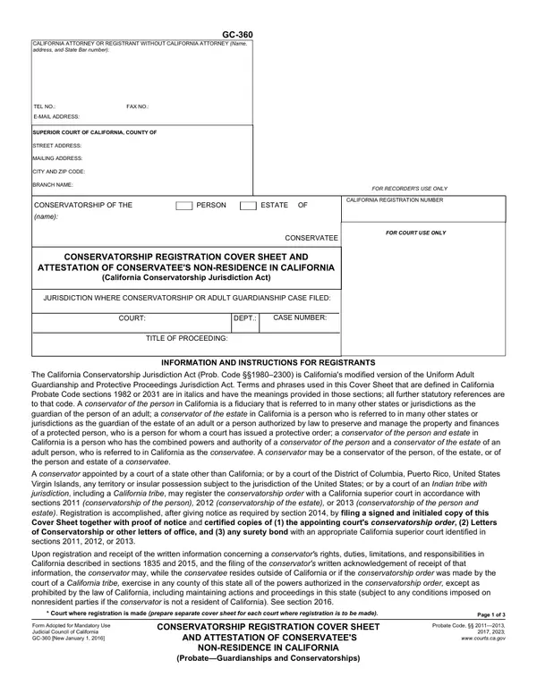 First page of Conservatorship Registration Cover Sheet and Attestation of Conservatee's Non-Residence in California