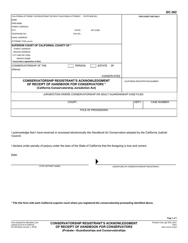 First page of Conservatorship Registrant's Acknowledgment of Receipt of Handbook for Conservators