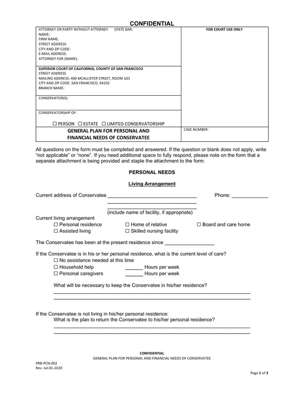 First page of General Plan for Personal and Financial Needs of Conservatee