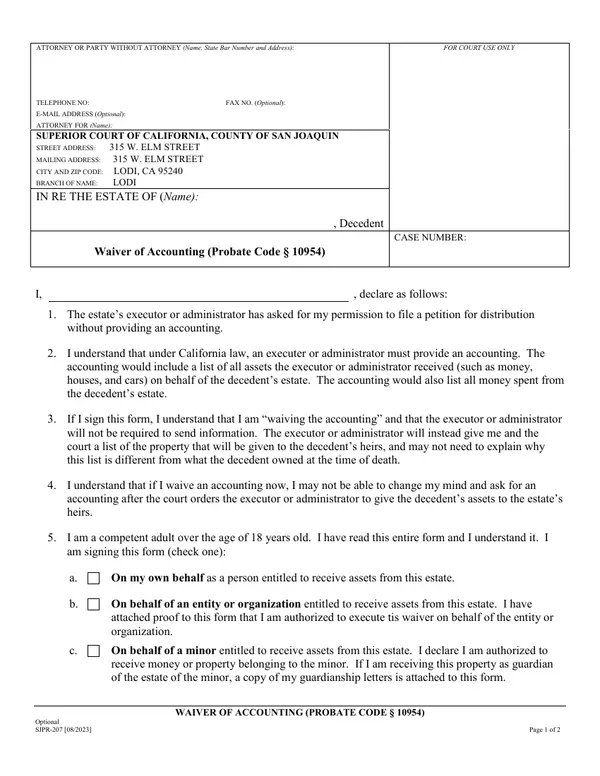 First page of Waiver of Accounting (Probate Code § 10954)
