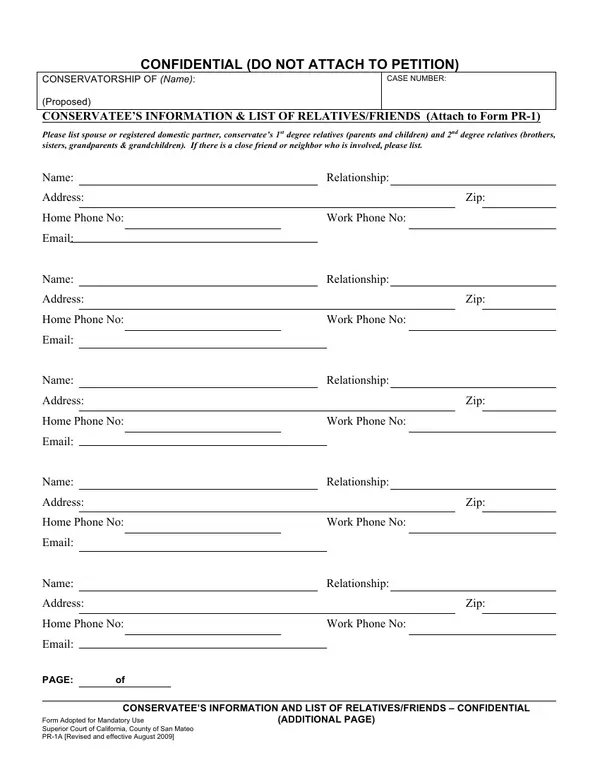 First page of Conservatee's Information & List of Relatives/Friends (Attach to Form PR-1)