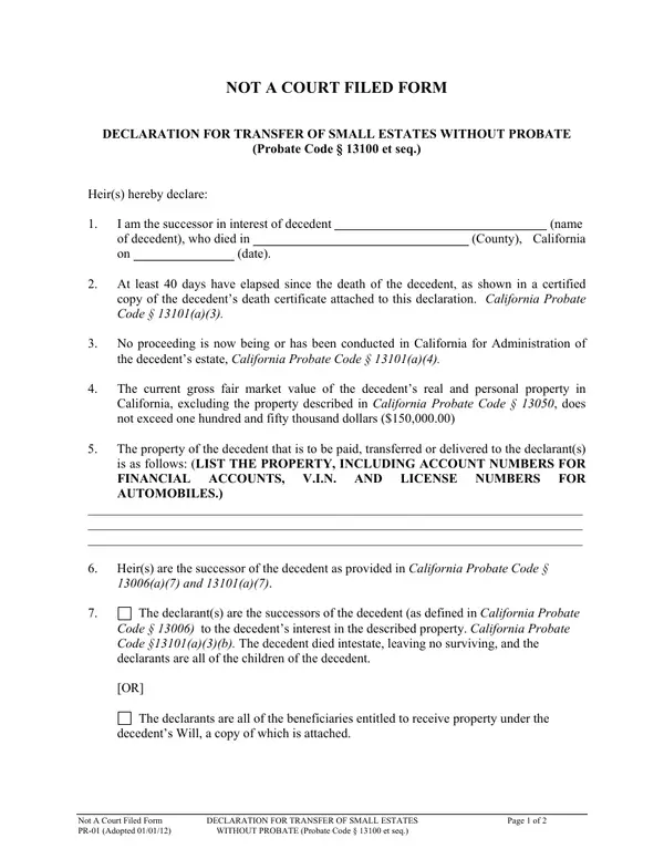 First page of Declaration for Transfer of Small Estates Without Probate