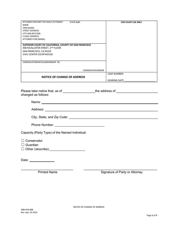First page of Notice of Change of Address