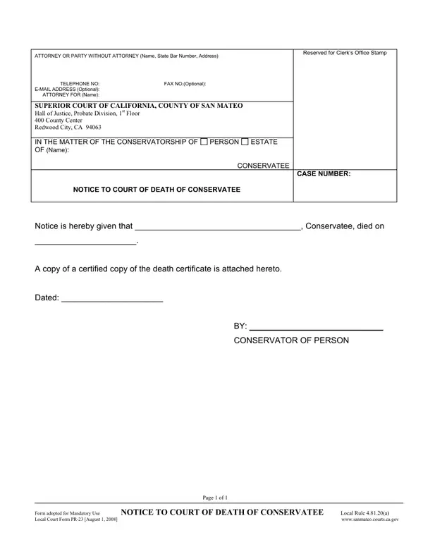 First page of Notice to Court of Death of Conservatee