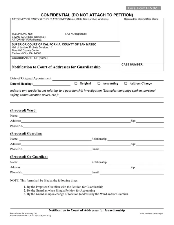 First page of Notification to Court of Addresses for Guardianship