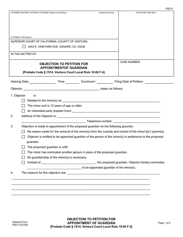 First page of Objection to Petition for Appointment of Guardian [Probate Code § 1514, Ventura Court Local Rule 10.00 F.4]