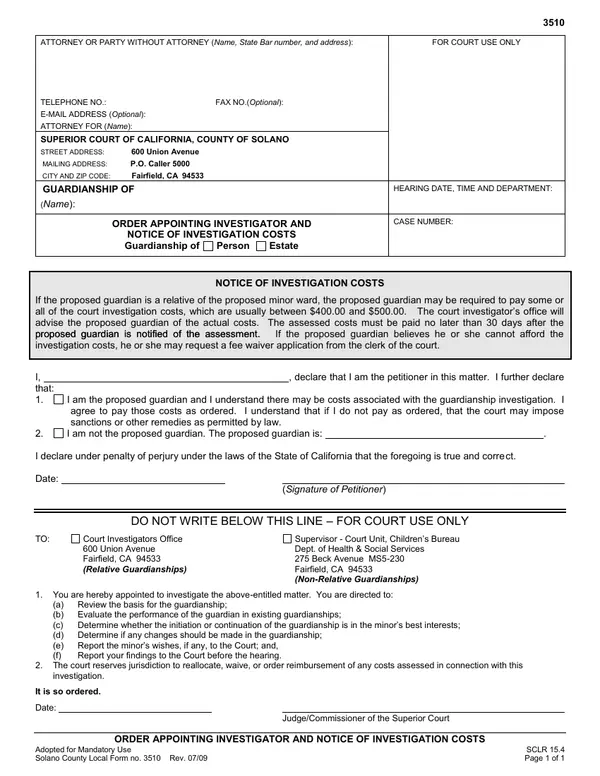 First page of Order Appointing Investigator and Notice of Investigation Costs