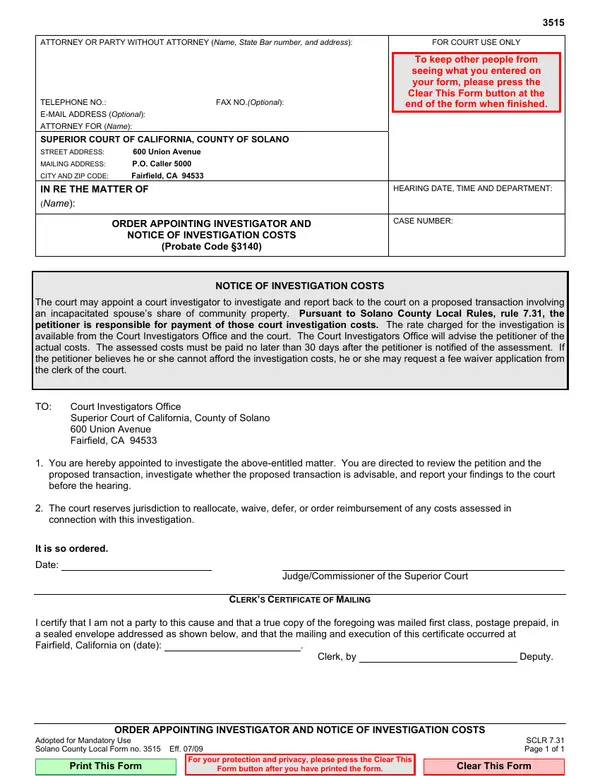 First page of Order Appointing Investigator and Notice of Investigation Costs