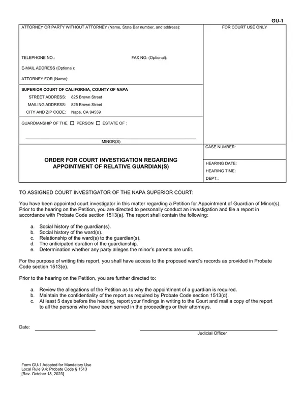 First page of Order for Court Investigation Regarding Appointment of Relative Guardian(s)